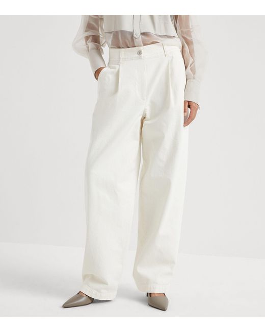 Brunello Cucinelli White Pleated Wide-leg Jeans