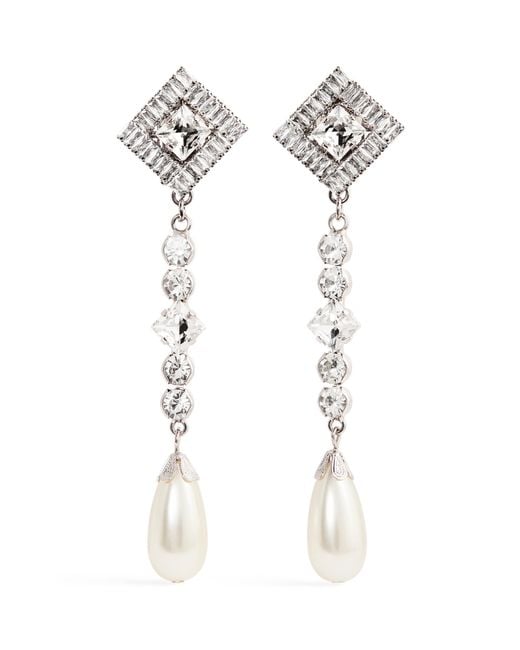 Alessandra Rich White Crystal Pearl Pendant Earrings