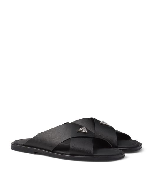 Prada Black Saffiano Leather Crossover Sandals for men