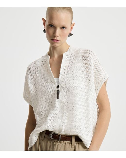 Brunello Cucinelli White Linen-Blend Cardigan Vest