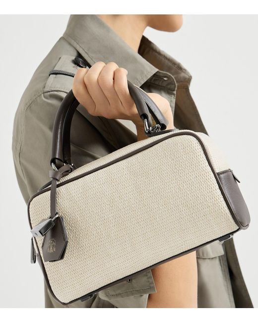 Brunello Cucinelli Natural Small Woven Explorer Boston Top-Handle Bag