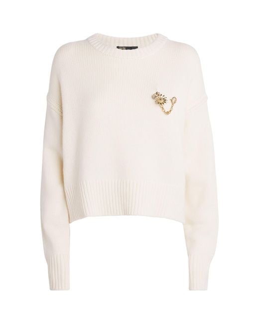 Maje White Wool-Cashmere Brooch Sweater