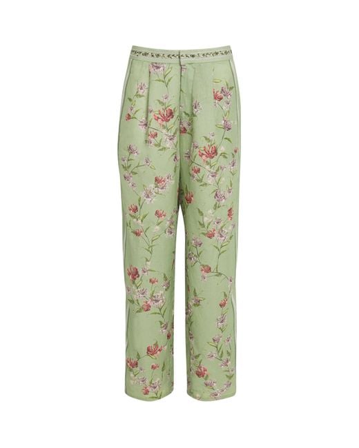 Agua Bendita Green Linen Floral Wide-Leg Trousers