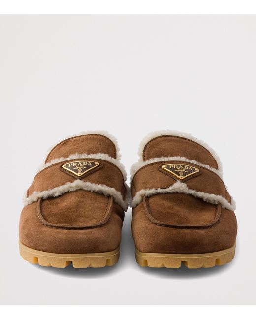 Prada Brown Suede Shearling-Lined Mules