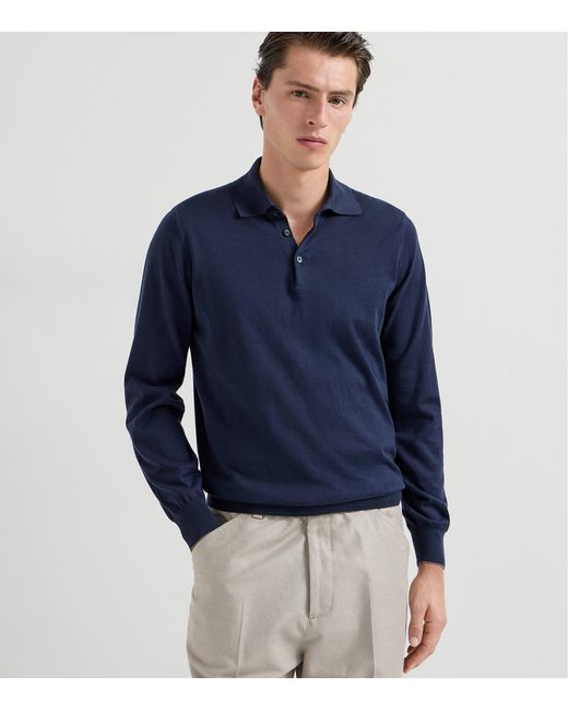 Brunello Cucinelli Blue Cotton Polo Sweater