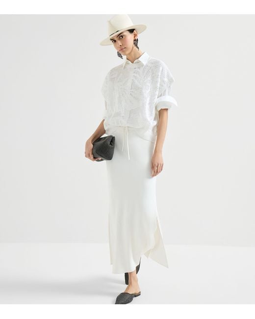 Brunello Cucinelli White Drawstring Midi Skirt