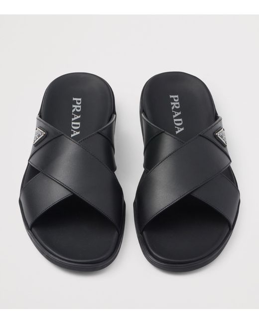 Prada Black Leather Crisscross Logo Slides for men