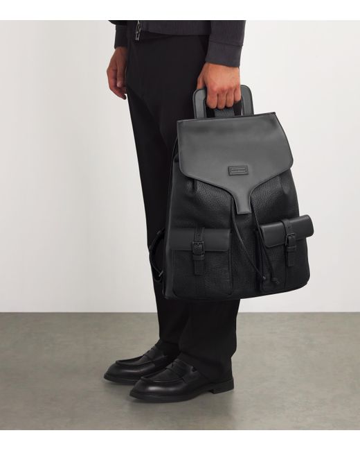 Emporio Armani Black Leather Twin-Pocket Backpack for men