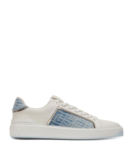 Balmain White Leather-Denim B-Court Sneakers for men