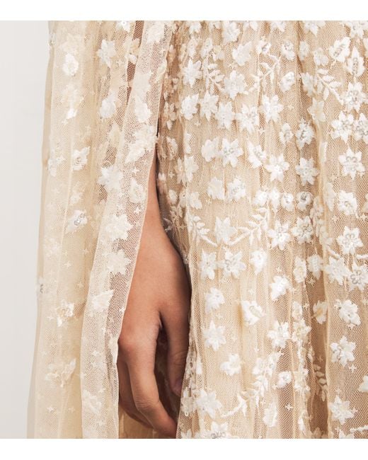 Needle & Thread Natural Cape-Detail Clover Maxi Dress