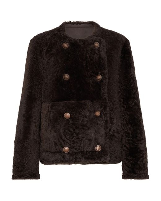 Brunello Cucinelli Black Shearling-Leather Reversible Pea Coat