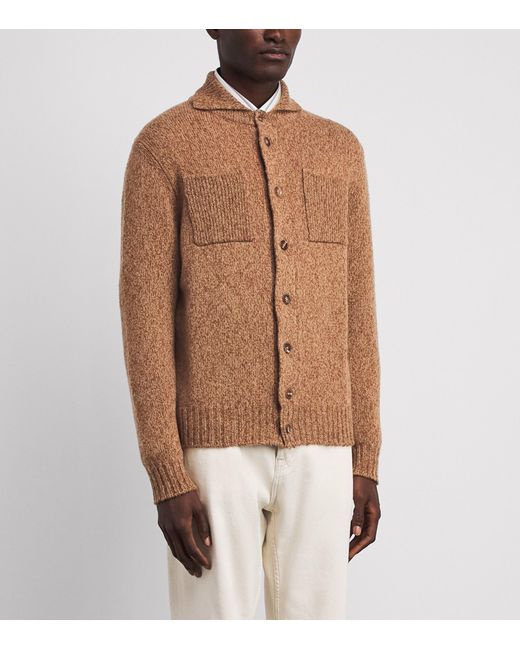 FIORONI CASHMERE Brown Cashmere-Silk Mock-Neck Cardigan for men