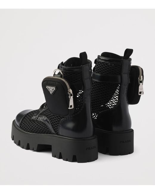 Prada Black Mesh And Leather Monolith Boots With Pouch