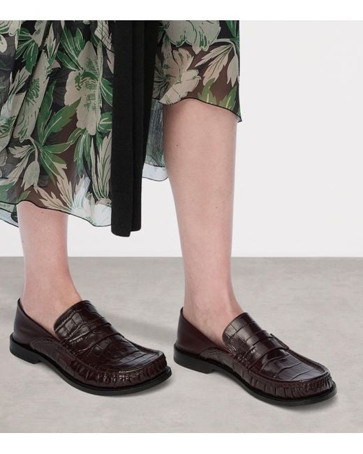 Loewe Brown Calfskin Croc-Embossed Campo Loafers