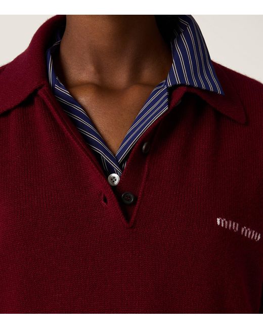 Miu Miu Red Cashmere Logo Polo Sweater