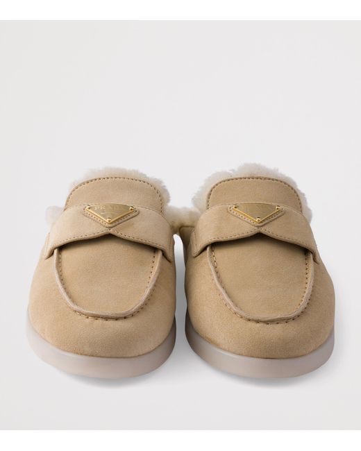 Prada Natural Suede Shearling-Lined Mules
