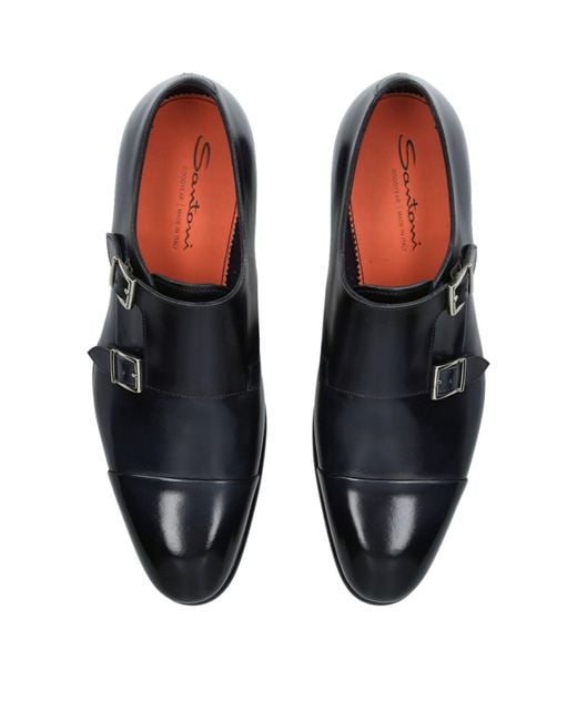 Santoni Black Leather Carter Monk Shoes for men