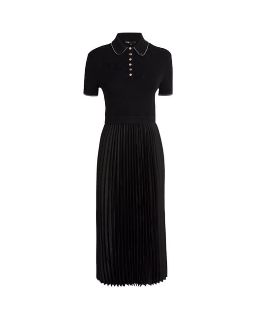 Maje Black Pleated-Skirt Polo Midi Dress