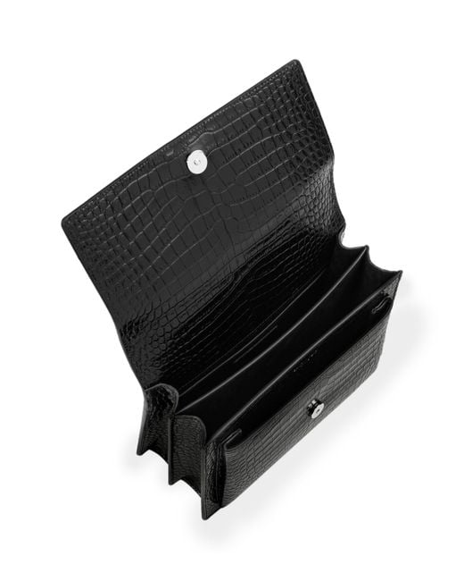 Saint Laurent Black Medium Sunset Croc-Embossed Shoulder Bag