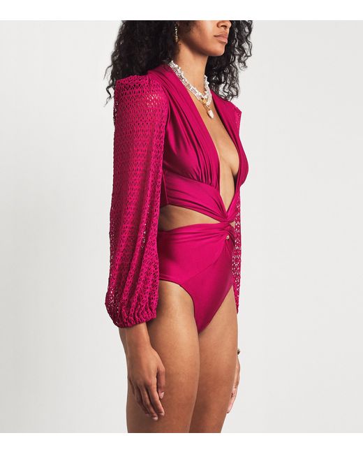 PATBO Pink Crochet-Trim Plunge-Neck Bodysuit
