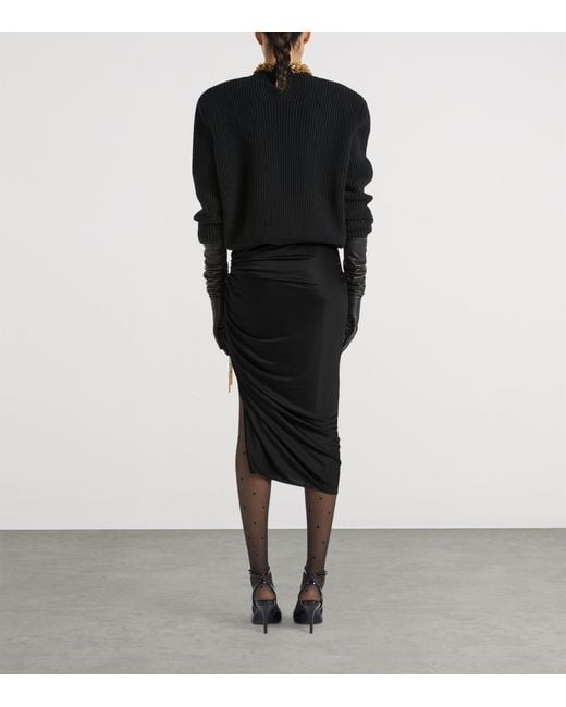 Balmain Black Jersey Ruched Midi Skirt