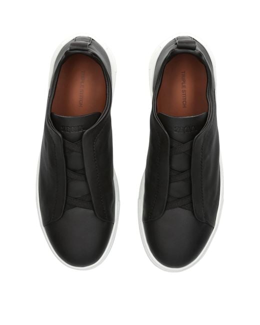 Zegna Black Leather Triple Stitch Secondskin Sneakers for men