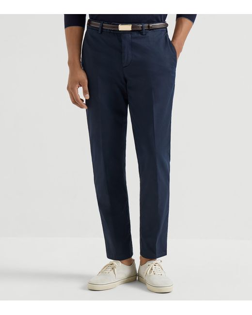 Brunello Cucinelli Blue Pima Cotton Comfort Gabardine Trousers for men
