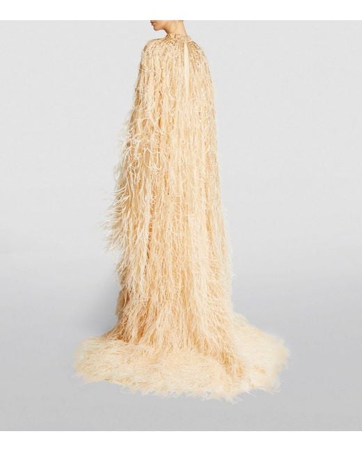 Pamella Roland Natural Embellished Ostrich Feather Kaftan Gown