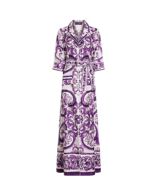 Dolce & Gabbana Purple Silk Majolica Print Maxi Dress