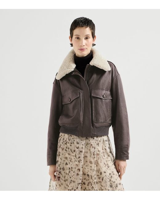 Brunello Cucinelli Brown Nappa Leather Shearling Collar Aviator Jacket