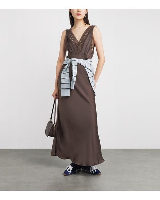 Sandro Brown Satin Lace-Trim Maxi Dress