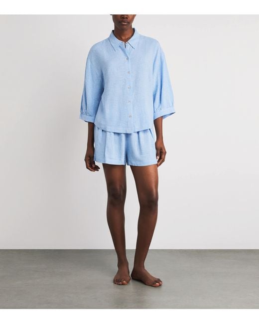 Eberjey Blue Linen-Blend Gingham Pyjama Top