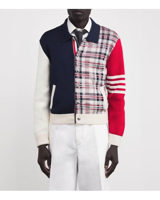 Thom Browne Blue Silk-Blend Pattern-Mix Bomber Jacket for men