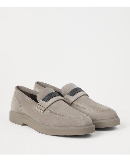 Brunello Cucinelli Gray Suede Monili Penny Loafers