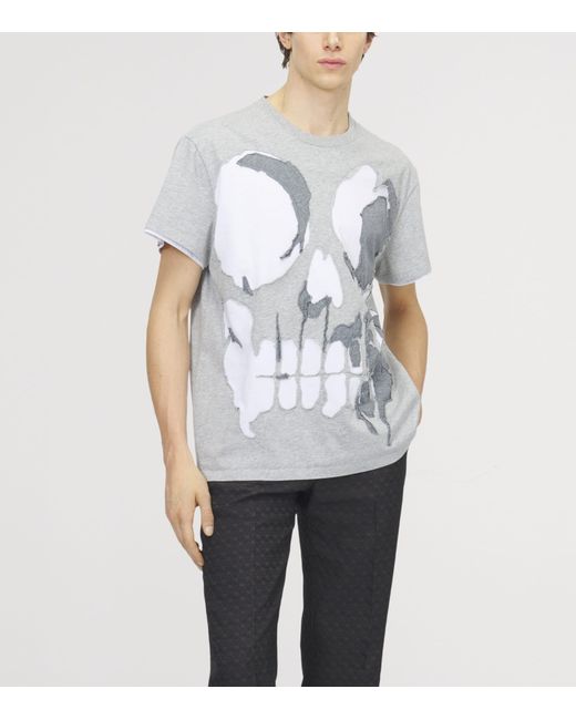 McQueen Gray Skull Distressed T-Shirt for men