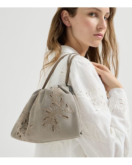 Brunello Cucinelli Gray Suede Bc Duo Pouch Shoulder Bag