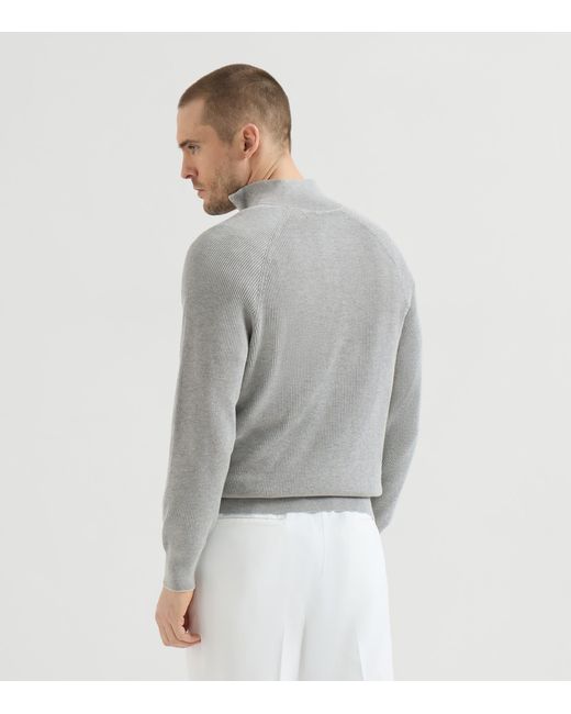Brunello Cucinelli Gray Cotton Rib-Knit Quarter-Zip Sweater for men