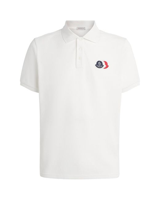 Moncler White Cotton Tri-Logo Patch Polo Shirt for men