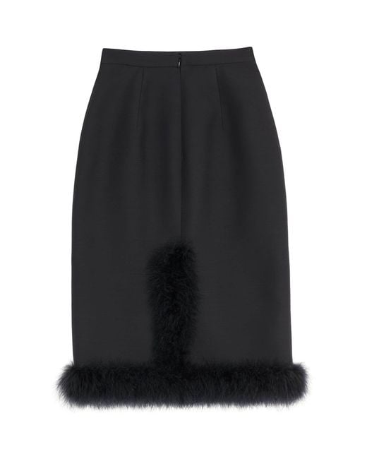 Valentino Black Virgin Wool-Silk-Feather Midi Skirt