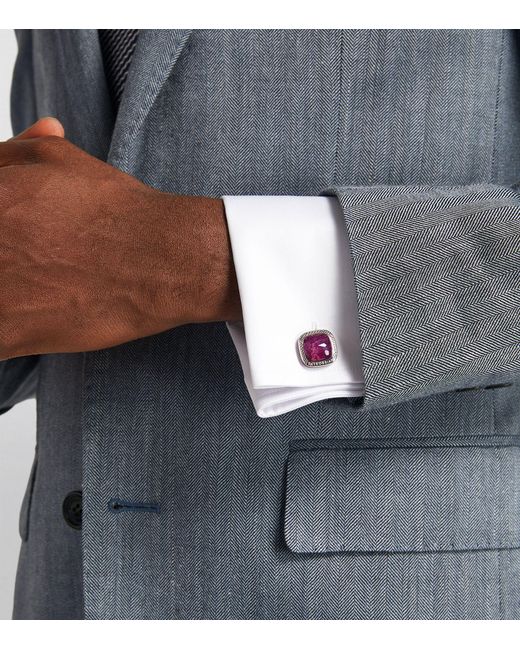 Tateossian Purple Sterling Silver And Ruby Square Cufflinks for men