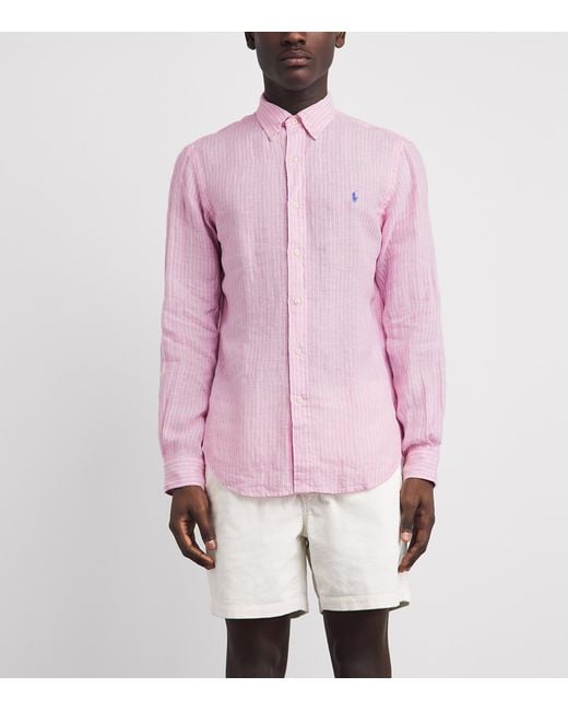 Polo Ralph Lauren Pink Linen Custom-Fit Stripe Shirt for men