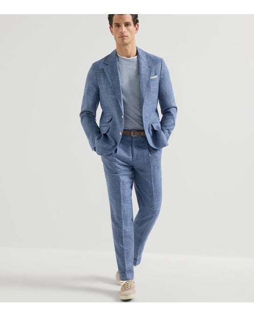 Brunello Cucinelli Blue Linen-Cotton Faux-Layered T-Shirt for men