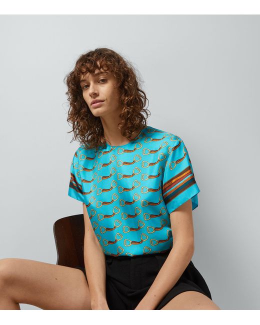 Gucci Blue Silk Horsebit And Harness Print Top