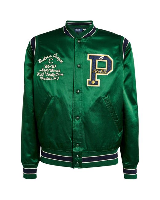 Polo Ralph Lauren Green Satin Varsity Bomber Jacket for men