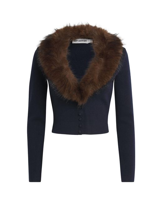 Self-Portrait Blue Cropped Faux Fur-Trim Cardigan
