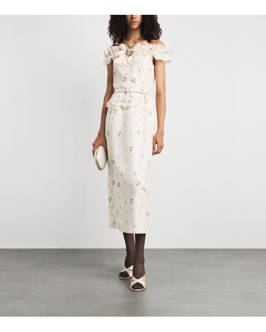 Alessandra Rich White Off-The-Shoulder Floral Midi Dress