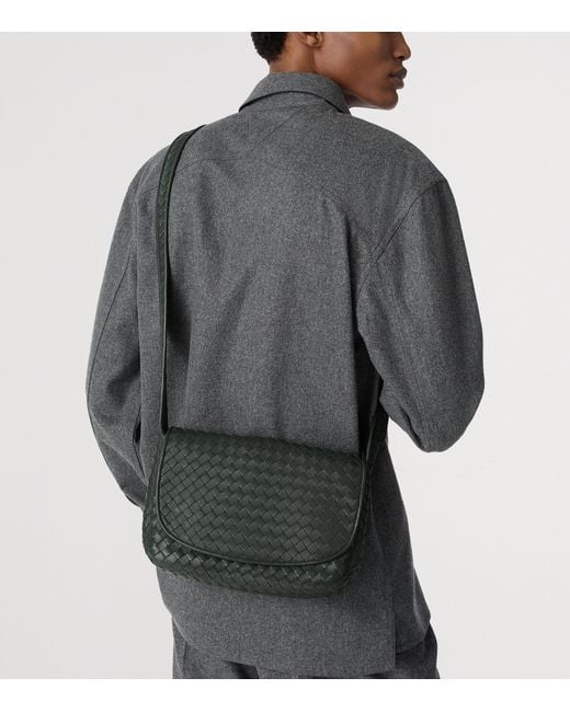 Bottega Veneta Black Leather Intrecciato Veneto Messenger Bag for men