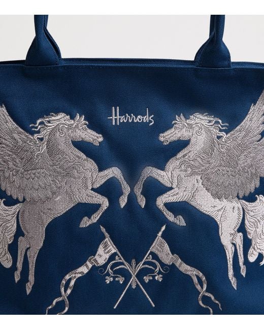 Harrods Blue Canvas Embroidered Tote Bag