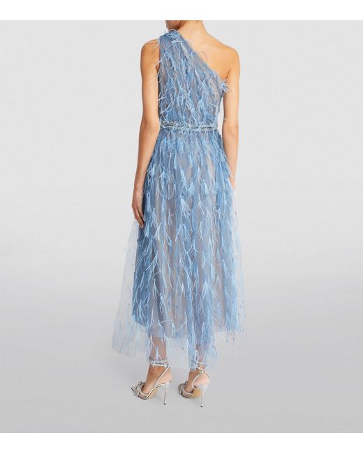 Marchesa Blue Feather-detail One-shoulder Midi Dress