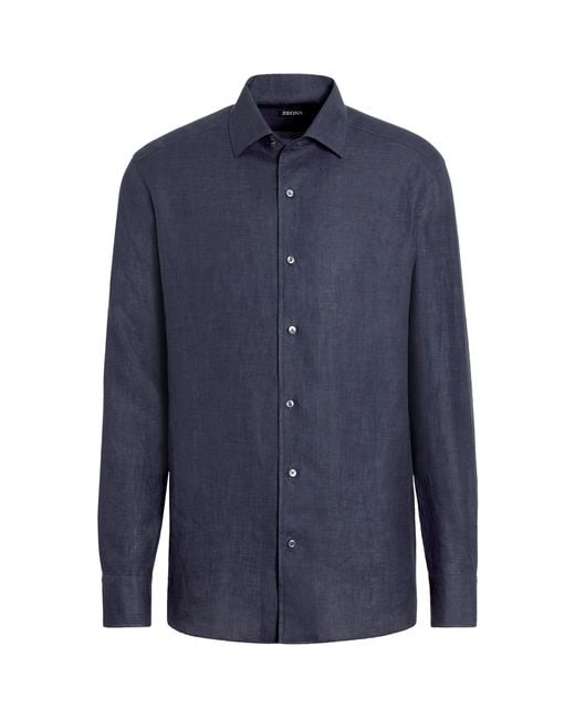 Zegna Blue Linen Long-sleeve Shirt for men